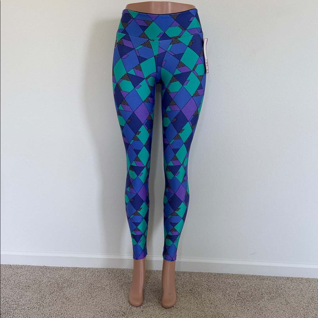 Geometric Patterned Leggings - Purple And Green